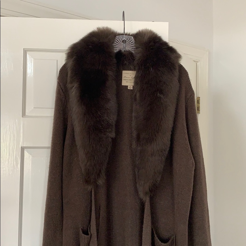 Faux fur trimmed long sweater